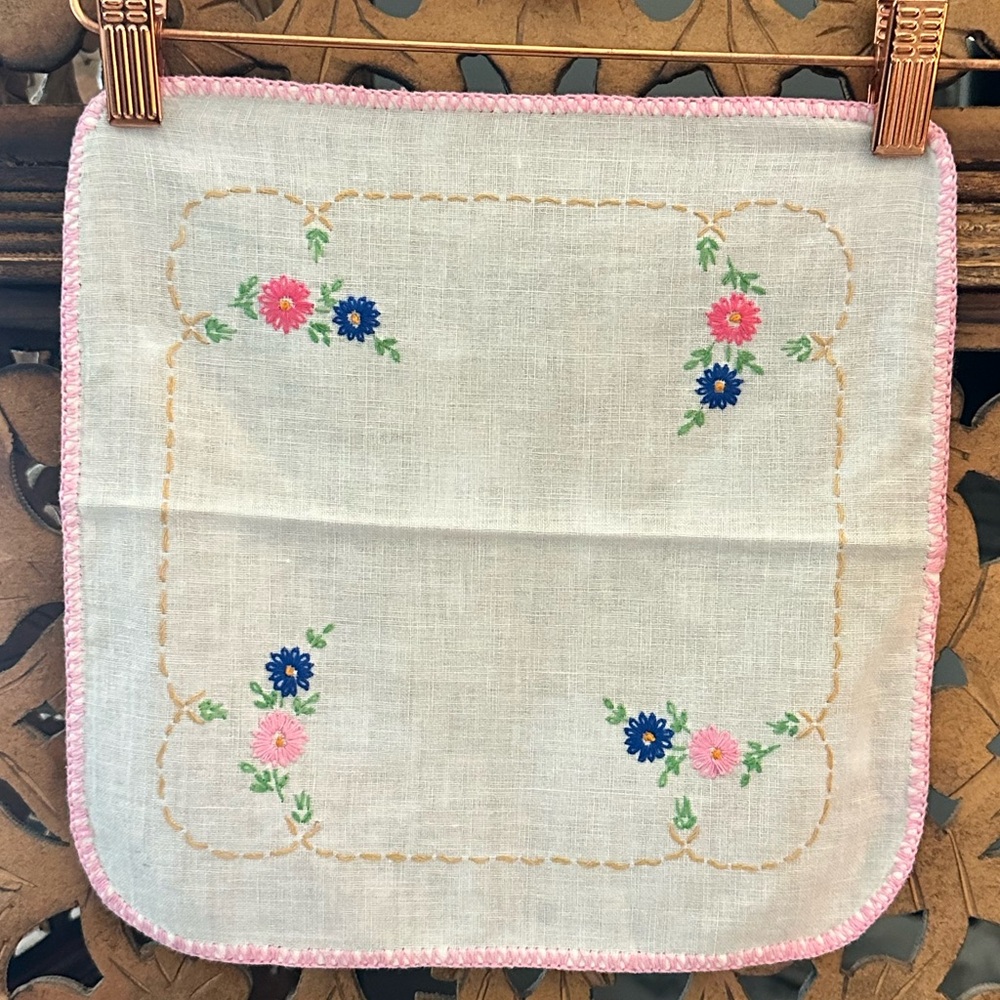 Handmade Vintage Crocheted Pink & Blue Floral Embroidered 11” Square Doily.
